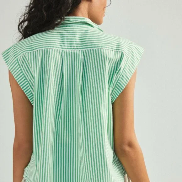 Anthropologie Maeve Buttondown Shirt Striped Clarise Cap Sleeve Green Top Size M - Picture 2 of 6